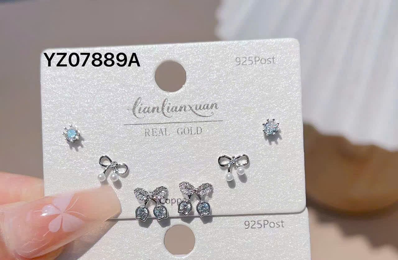 Set 3 khuyên tai Lianlianxuan đính đá, hoa tai nữ nhỏ gọn tinh tế